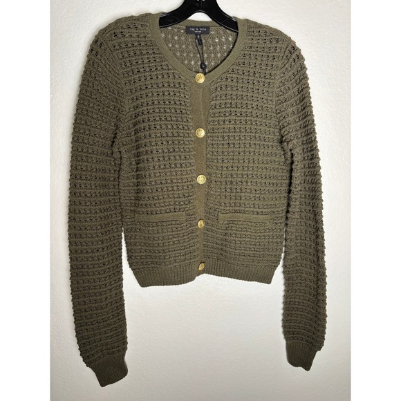 Rag & Bone Marlee Cardigan Olive Green Knit Gold Button Sweater Size Medium - Picture 2 of 7
